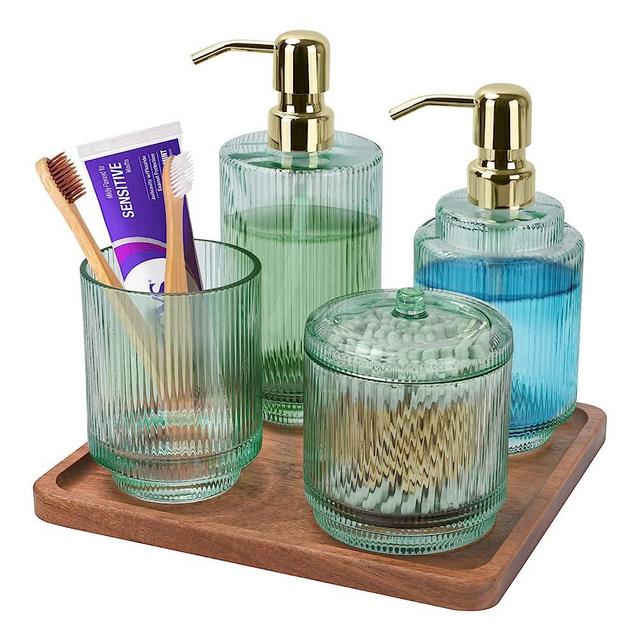 Bathroom Accessory Set,5 PCS Modern Premium Glass Bath Accessories,Set of 2 Lotion Soap Dispenser,Toothbrush Holder,Qtip Holder & Acacia Wooden Tray,Gift for Home Decor & Countertop Organizer,Green