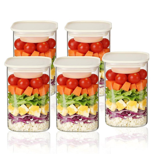 LIBWYS Glass Salad Jars with Lids Meal Prep, 39oz Larger Square Containers for Home Storage & Lunch, Built-In Leakproof Compartments, Wet/Dry Separation for Salad Dressing & Ingredients-5 Pack