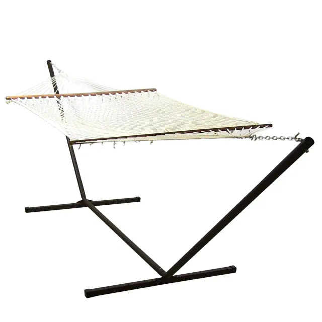 Sunnydaze Outdoor 2-Person Double Cotton Rope Hammock with Wood Spreader Bar and 15ft Black Steel Stand
