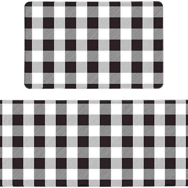 Pauwer Anti Fatigue Kitchen Rug Set 2 Piece Non Slip Cushioned Kitchen Floor Mat Waterproof Comfort Standing Kitchen Mat (17"x47"+17"x28", Black and White Plaid)