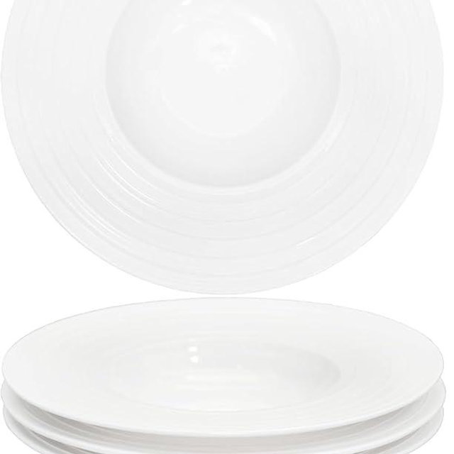 Creativity Home Ceramic Wide Rimmed Soup Plate, Soup Bowl 12 oz, Pasta Bowl Set of 4, White Shallow Bowl Plate with Rim, Best choice for high-end restaurants, hotels, and foodies,11.4 Inch Coil relief