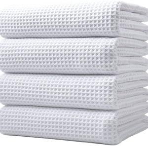 POLYTE Microfiber Oversize Quick Dry Lint Free Bath Towel, 60 x 30 in, 4 Pack (Waffle Weave)