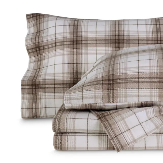 Chesapeake Plaid - Neutral Cotton Flannel King Sheet Set by Bare Home