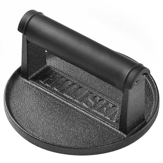 HULISEN Pre-Seasoned Cast Iron Burger Press, Heavy Duty 6” Burger Smasher for Griddle with Heat Resistant Handle, Grill Press for Hamburger, Bacon, Meat, Steak, Patty, Barbecue Grilling Tool, 2.3lb
