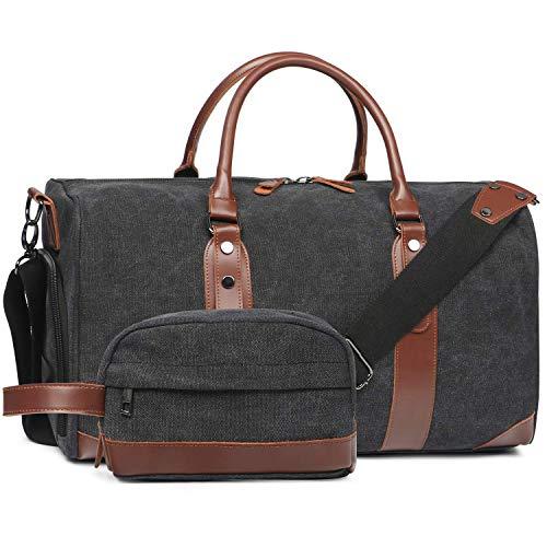 Oflamn Duffle Bag Canvas Leather Weekender Overnight Travel Carry On Tote Bag with Shoe Compartment and Toiletry Bag (Black)