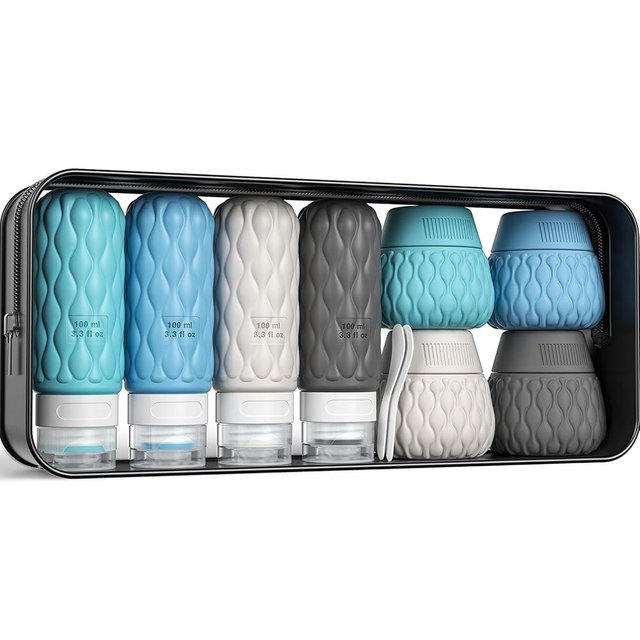 Lericttor Silicone Travel Bottles for Toiletries 8 Pack Travel Size Toiletries 3.4 oz 1.7 oz, Leakproof Squeeze Travel Size Containers Refillable Cosmetic Jars Set for Shampoo, Conditioner, Creams