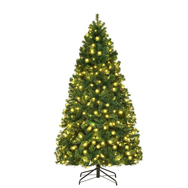 Goplus 7FT Pre-Lit Artificial Christmas Tree Premium Spruce Hinged Xmas Tree with 300 LED Lights & Metal Stand for Indoor Use