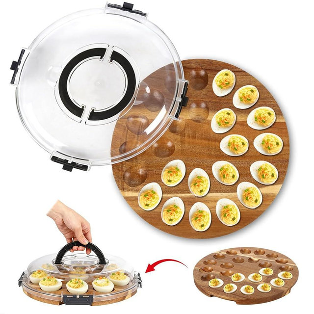 Wilupry Deviled Egg Containers with Lid, Deviled Egg Platter Tray Carrier Plate Holder with 24 Slots, Acacia Wood Egg Dish for Easter Gift Party Holiday Kitchen Home