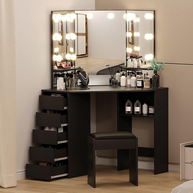 Garvee Corner Vanity Desk and Bench, Makeup Vanity Table with 3-Folding Lighted Mirrors, Charging Station, 5 Drawers for Bedroom