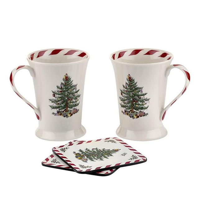 Spode Christmas Tree- 10 oz. Peppermint Mug and 4.0" Square Coaster (Set of 2)- Fine Porcelain