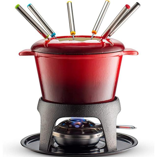 Klee 12-Piece Cast Iron Fondue Set with Red Fondue Pot, 6 Fondue Forks, Fondue Burner and Fondue Pot Base, 44 oz