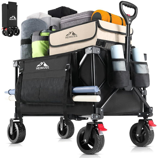 150L Wagon Cart Foldable, Heavy Duty Collapsible Utility Wagon with 220lbs Capacity, All-Terrain Beach Wheels, Portable Garden Cart for Camping, Sports, Outdoor, Shopping, Black