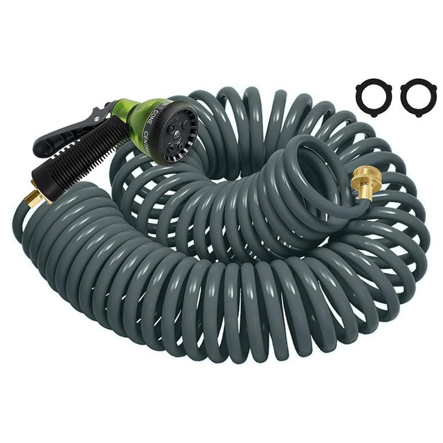 Coil Hose 25FT EVA Coil Garden Hose With 3/4'' Brass Connector Coiled Water Hose Lightweight And No Kink Includes 7 Patterns Spray Nozzle For Outdoors Lawn Watering Car Washing
