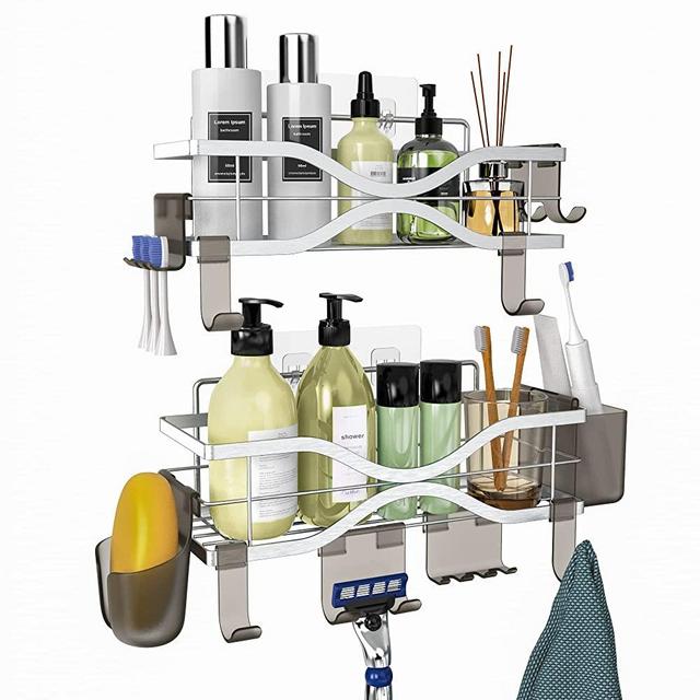 OPPWZB Adhesive Shower Caddy Shelf Shower Organizer with 10 Hooks Rustproof Stainless Steel Bathroom Shower Rack No Drilling Wall Mounted Shower Basket Shelf Shampoo Holder 2 Pack