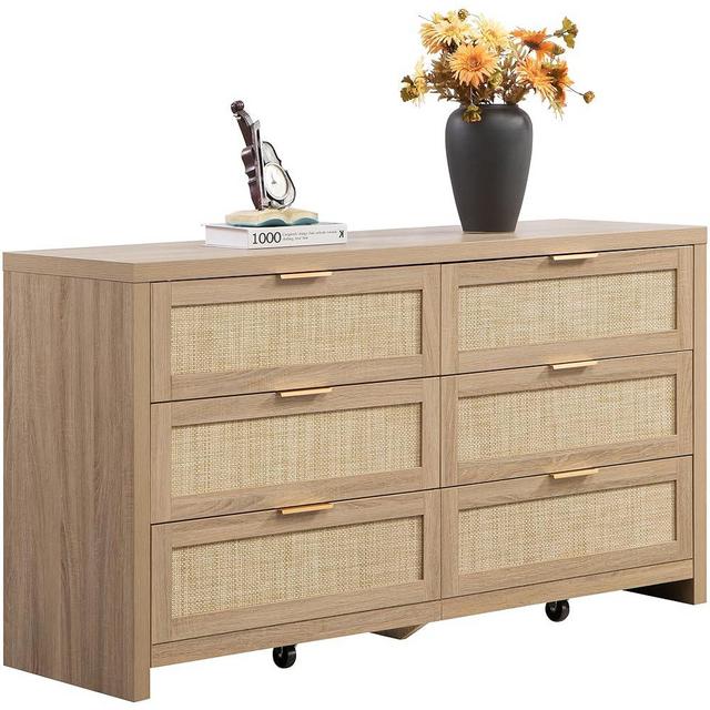 SICOTAS Rattan Dresser for Bedroom, 56.9" Wide 6 Drawer Dresser with Ample Storage, Wooden Dressers Large Chest of Drawers for Nursery, Closet, Boho TV Stand for Bedroom (Light Oak, 1 Piece)