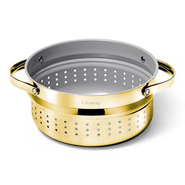 Caraway Steamer - Stainless Steel Steamer with Handles - Non Stick, Non Toxic Coating - Steam Veggies, Seafood, and More - Compatible With Our Dutch Oven or Sauce Pan - Large, 6.5qt - Gold
