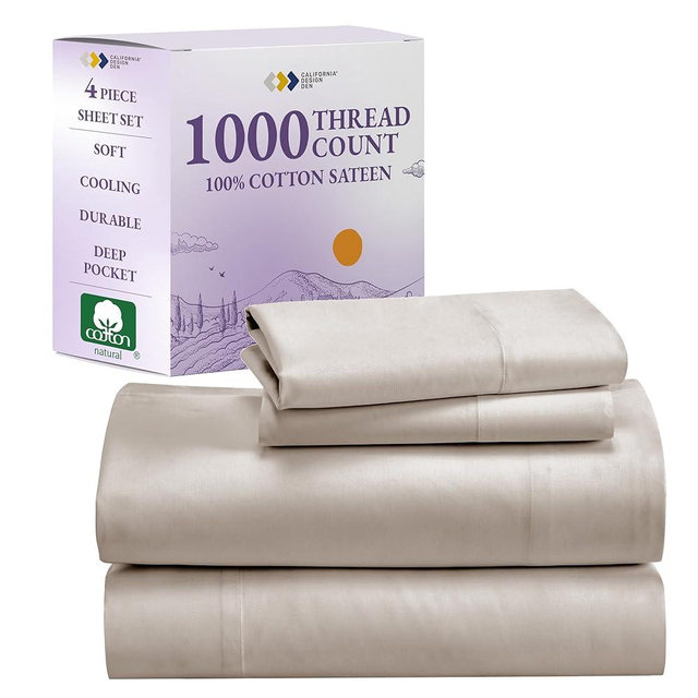 California Design Den 1000 Thread Count Sheets Queen Set, Winner Architectural Digest Best Sheet, Luxury 100% Cotton Sateen Bed Sheets, Softer Than Egyptian Cotton (Beige)