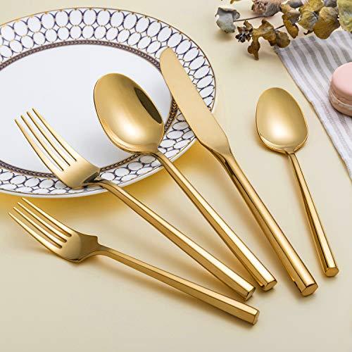 Kelenfer Flatware Cutlery Set Shiny Gold with Hexagon Handle Forged Stainless Steel For Home Hotel Use Service for 4