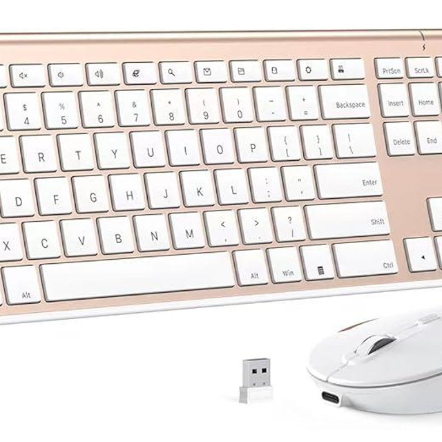 Wireless Keyboard and Mouse Combo, 2.4GHz Ultra-Slim Aluminum Rechargeable Keyboard with Whisper-Quiet Mouse for Windows, Laptop, PC, Desktop - White Gold