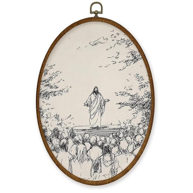 WULQYING Vintage Jesus Preaching Sketches Wall Art Decor, Christian Jesus Faith Oval Framed Canvas Art Prints, Religious Worship Wall Hanging Decor for Church Prayer Home Bedroom, 8.6x11.4 Inches