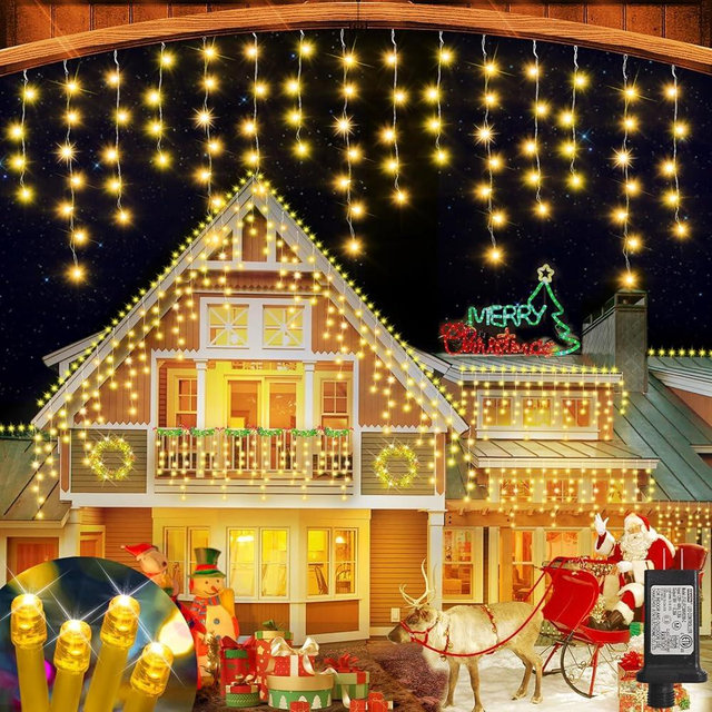 JREWDOIN 131FT 1440LED Christmas Lights Outdoor Waterproof Curtain Lights with 8 Modes Timer Hanging Fairy Lights Plug in String Lights for Holiday Wedding Party Decoration(Warm White)