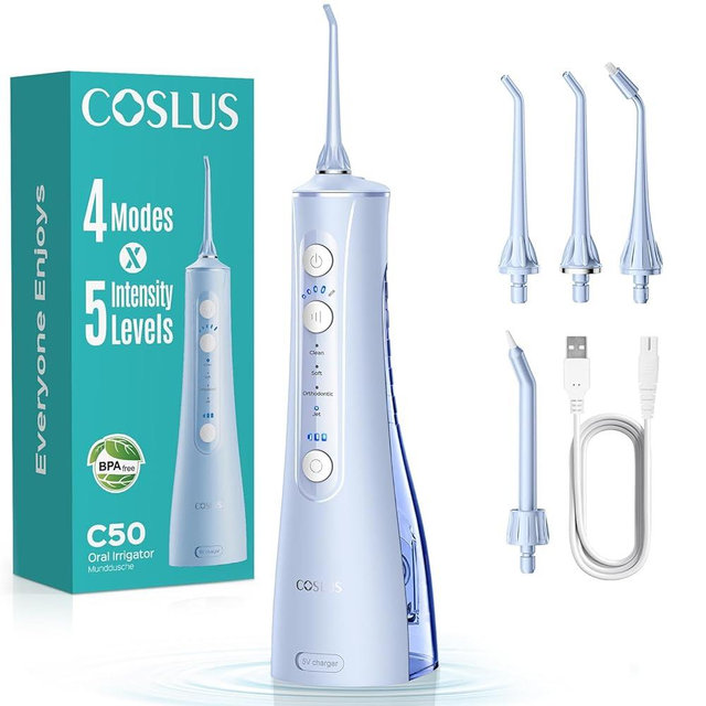 COSLUS Portable Water Flosser for Teeth: 4 Modes & 5 Intensity Levels Professional Electric Dental Pick for Sensitive Gums, Braces & Orthodontic - Cordless for Travel Use, for Adults, BPA-Free, Blue