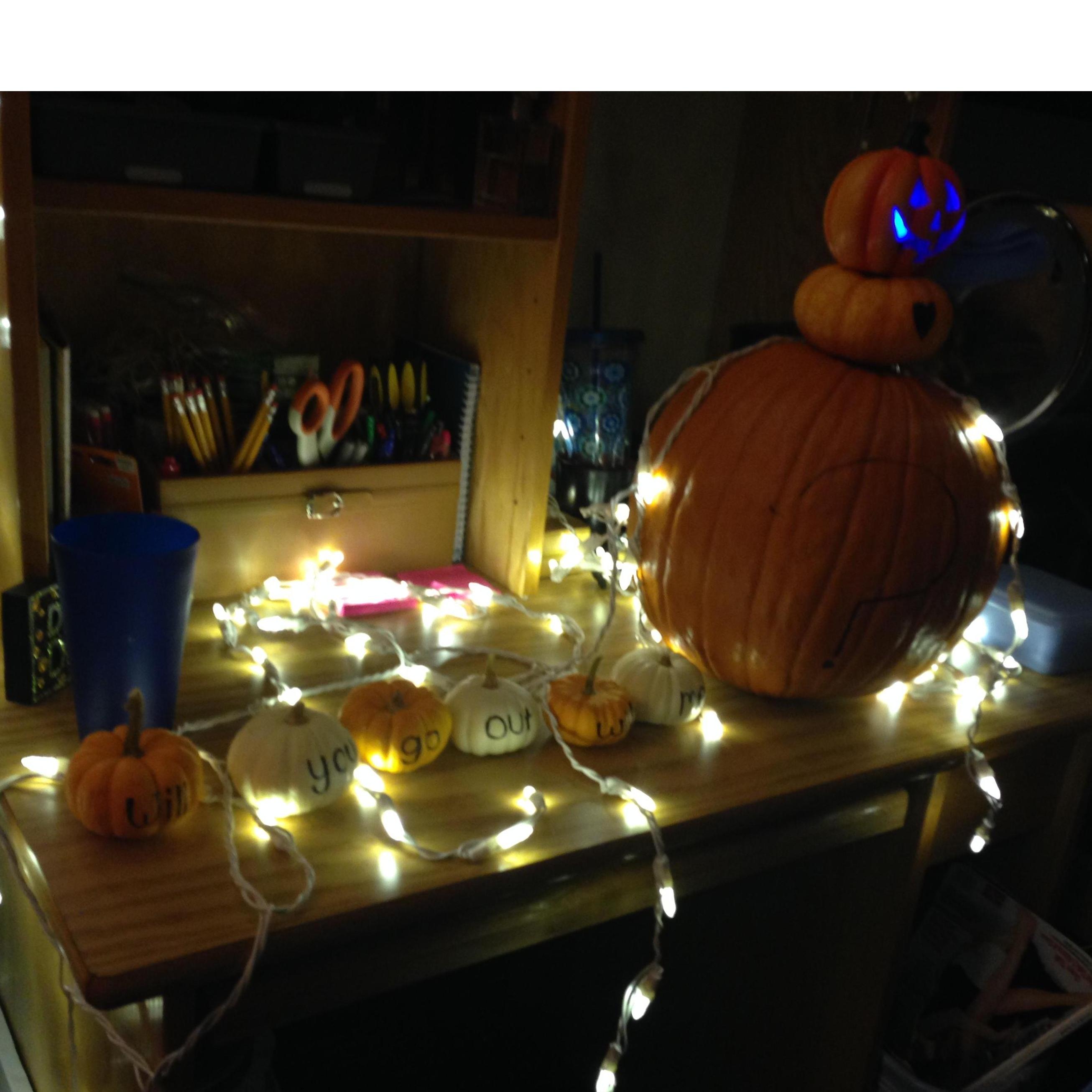 Eric surprised me coming back from fall break! The pumpkins read "Will you go out with me?" October, 2013