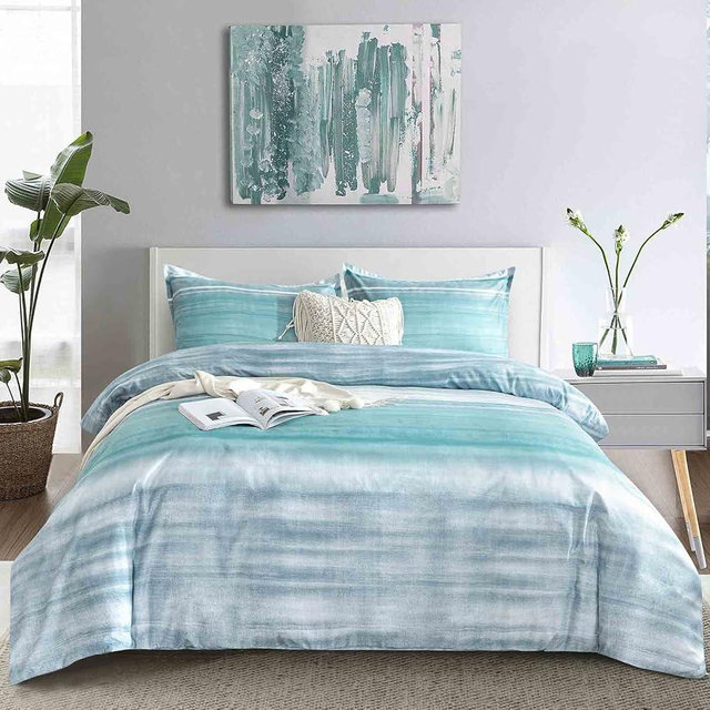 Queen Size Comforter Set, Blue, Grey and Teal Striped Pattern Print Reversible Down Alternative Bed Sets - 90 x 90 3PC Soft Microfiber Duvet Sets Modern Abstract Bedding in a Bag for Women Men, Gray