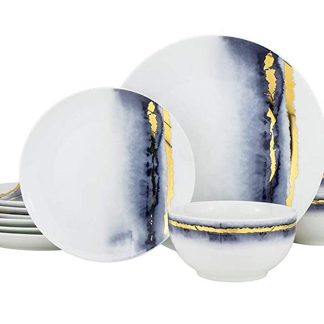 Euro Porcelain Azure Marble Dining Set, Fine China Tableware with 24k Gold Plate Accent Service for 3 (Blue w/gold, 12-pc Dishes)