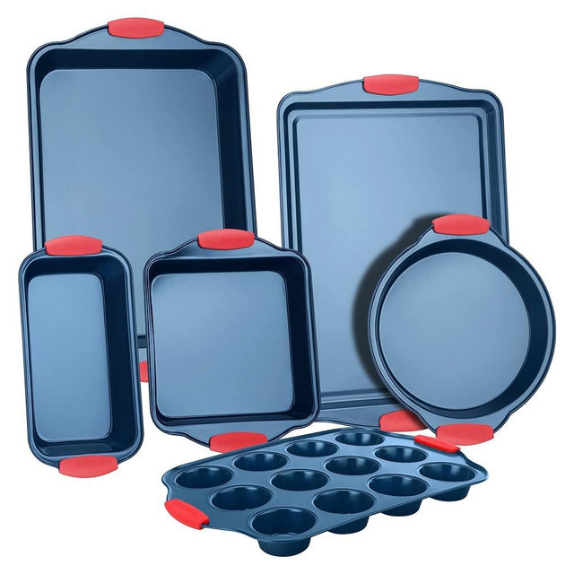NutriChef 6-Piece Nonstick Bakeware Set - PFOA, PFOS, PTFE-Free Carbon Steel Baking Trays w/Heat safe Silicone Handles, Oven Safe Up to 450°F, Loaf Muffin Roaster/Round/Square Pans, Cookie Sheet