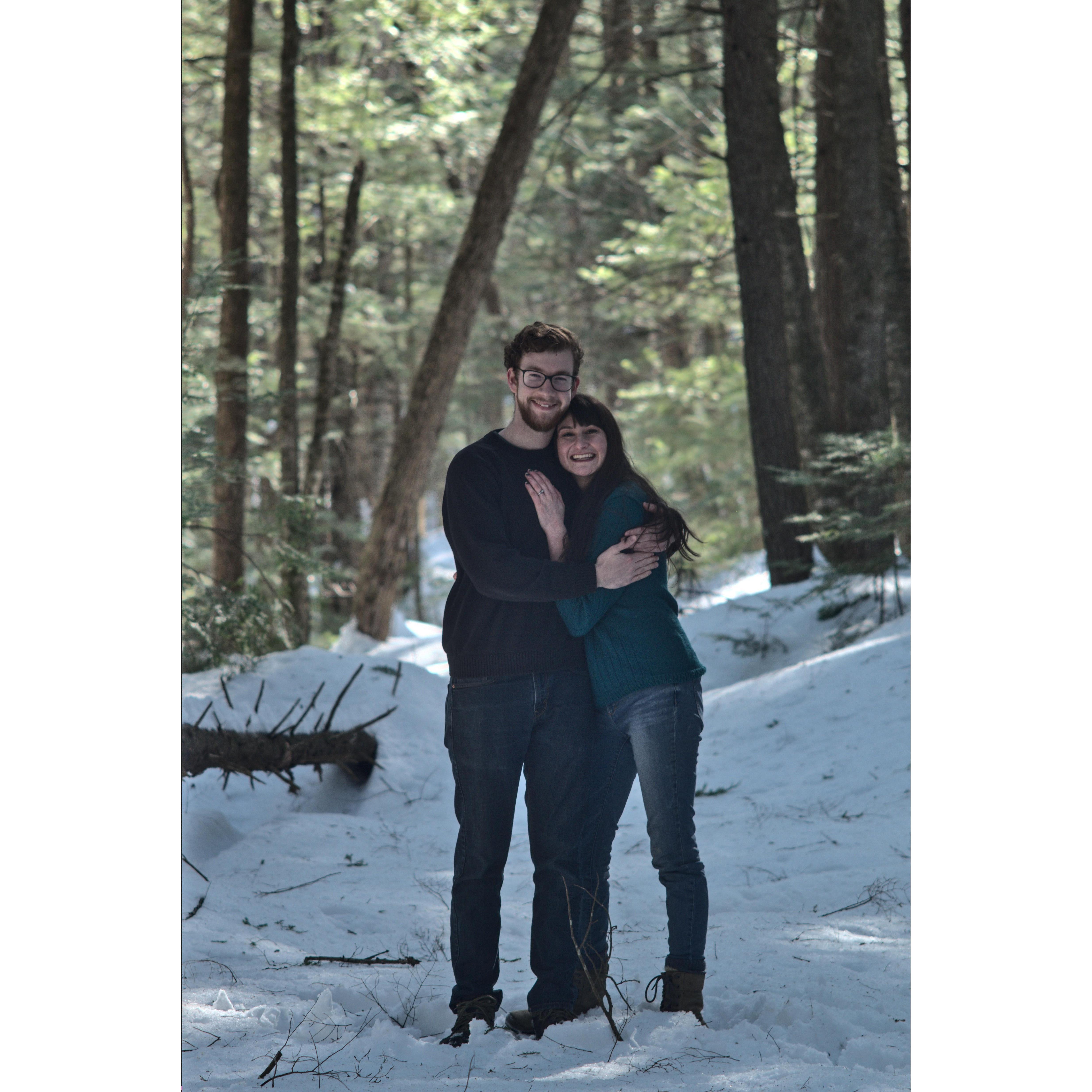 Once again, wandering through the forest without proper winter attire. When will we learn?? Just kidding...those lovebirds' jackets are just out of frame in the photographer's backpack!