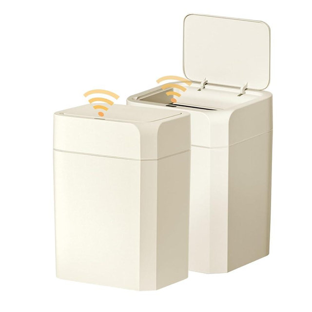 ELPHECO 2 Pack 3.5 Gallon Bathroom Trash Can with Lid Motion Sensor Slim Garbage Can Waterproof Smart Small Trash Bin for Bathroom, Kitchen, Office, Bedroom, Living Room, Toilet, Cream Beige