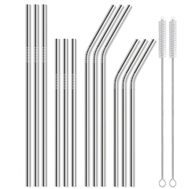 Lydnvjx 12 Pack of Reusable Stainless Steel Metal Straws, 3 Straight + 3 Bent 10.5 Inch and 3 Straight + 3 Bent 8.5 Inch Metal Straws with 2 Cleaning Brushes for 20 24 30 oz Tumbler Dishwasher Safef