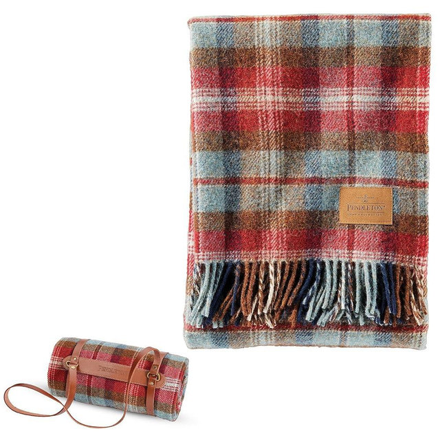 Pendleton Wool Blanket - Camping Blanket with Leather Strap Carrier - Plaid, Soft, Virgin Wool, Backpacking Blanket for Warmth and Comfort, Outdoor Adventures, Travel, Picnics, and Cozy Home Comfort