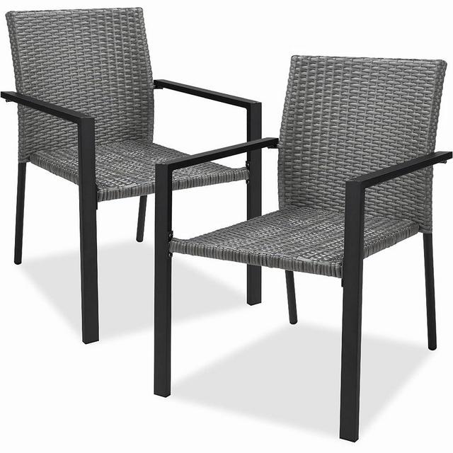 Best Choice Products Set of 2 Stackable Outdoor Wicker Dining Chairs All-Weather Firepit Armchair w/Armrests, Steel Frame for Patio, Deck, Garden, Yard - Gray