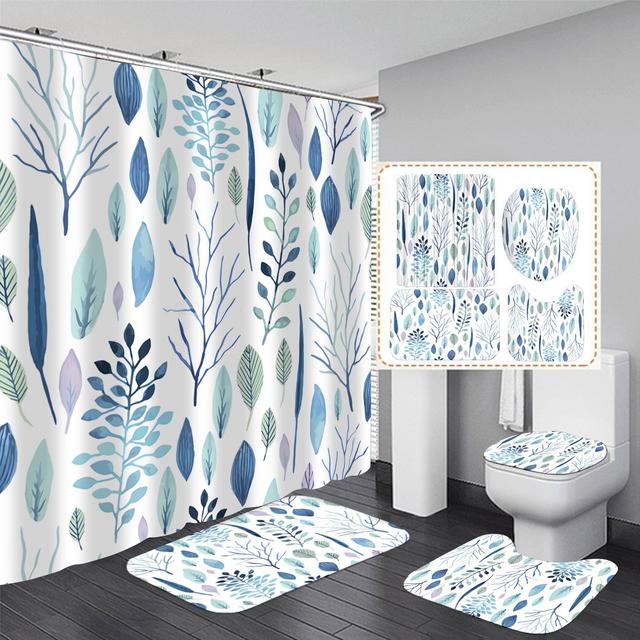 4Pcs Floral Shower Curtain Sets with Rugs Blue Leaf Bathroom Decor Set Leaves Fabric Bathroom Accessories Sets Waterproof Shower Curtains with 12 Hooks Bath Mat U Shaped Rugs and Toilet Lid Cover