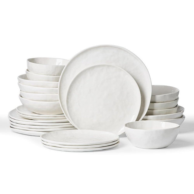 Famiware Porcelain kitchen plates and bowls set, Modern dishes set for 6, Handmade Wave Edge dishware sets, Microwave and Dishwasher Safe Tableware, Polar White (24pcs)