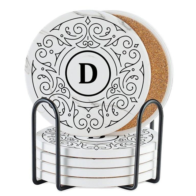 Onebttl Monogrammed Coaster Gifts Set of 6, Initial Letter, Ceramic, Absorbent with Cork Base, Home Decor for Family, Housewarming, Thanksgiving, Friends, Birthday, Christmas - D