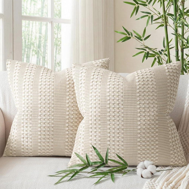 a moment 2 Pack Bamboo Fiber Pillow Covers - Waffle Weave, Ultra Soft & Breathable, Euro Shams Cotton Throw Pillow for Couch, Sofa, Bedroom Living Room 24x24 Inch Beige