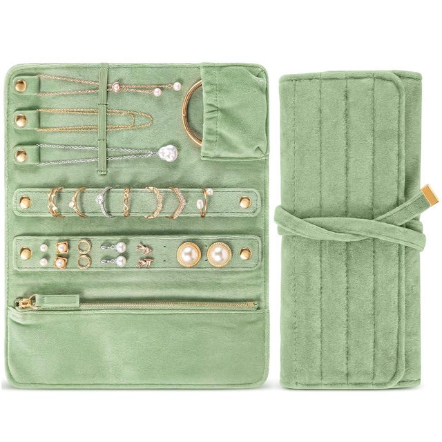 Tondiamo 1 Pcs Velvet Jewelry Roll Luxury Travel Jewelry Case for Ring Necklace Earring Bracelet Storage Bag Women Bridesmaid Gift (Sage Green)