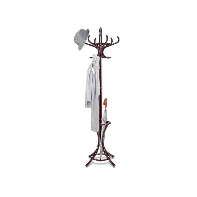 Costway Wood Standing Hat Coat Rack Jacket Bag Hanger Tree 12 Hooks Reddish Brown w/ Umbrella Stand