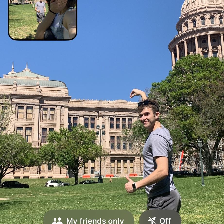 Our first day trip to Austin! He thought he was holding the top of the building... I wasn't sure what he was doing