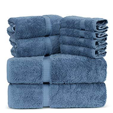 Towel Bazaar Luxury Hotel and Spa Quality Dobby Border 100% Turkish Cotton Eco-Friendly and Highly Absorbent Towel Set (Set of 8, Wedgewood)