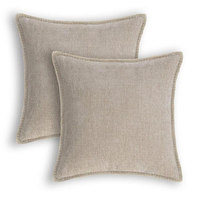 CaliTime Throw Pillow Cases Pack of 2 Cotton Thread Stitching Edges Solid Dyed Soft Chenille Cushion Covers for Couch Sofa Home Farmhouse Decoration 18 X 18 Inches Light Taupe
