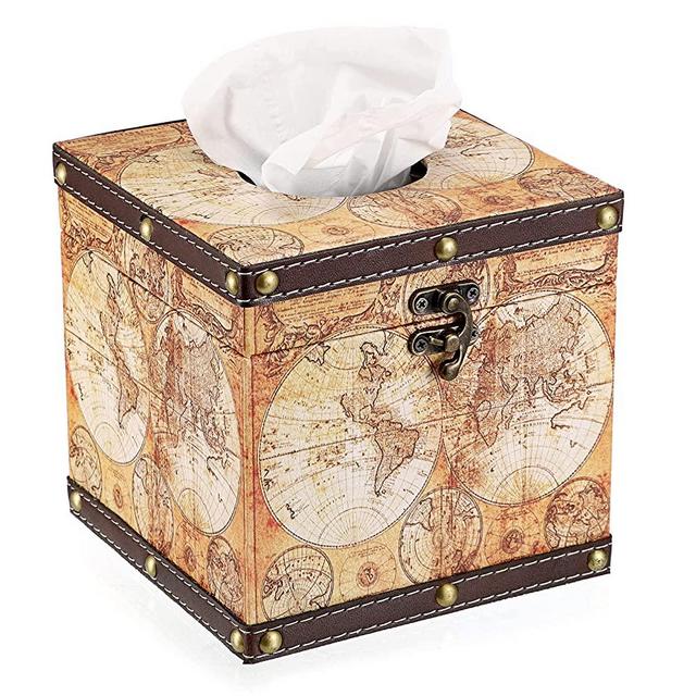 Sumnacon Retro Wood Square Tissue Box Cover - Vintage Cube Tissue Box Holder, Decorative Facial Tissue Holder for Bedroom Bathroom Dresser Night Stand Table Car Store Office Home Decor, Yellow