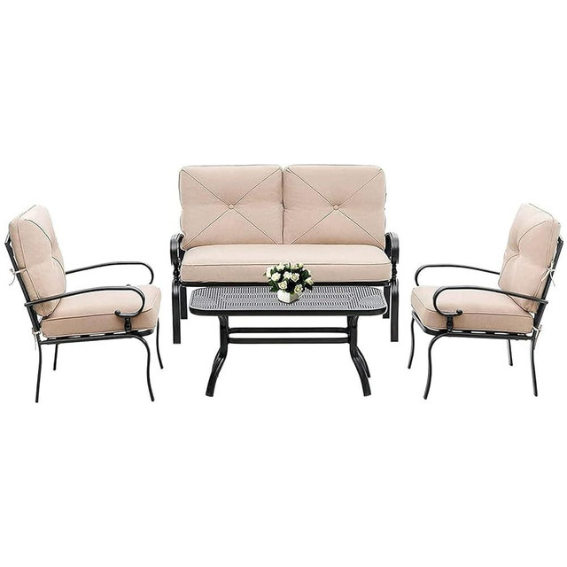 Oakmont 4-Piece Outdoor Metal Furniture Sets Patio Conversation Set Wrought Iron Loveseat, 2 Single Chairs, Coffee Table with Cushion, Lawn Front Porch Garden, Brown