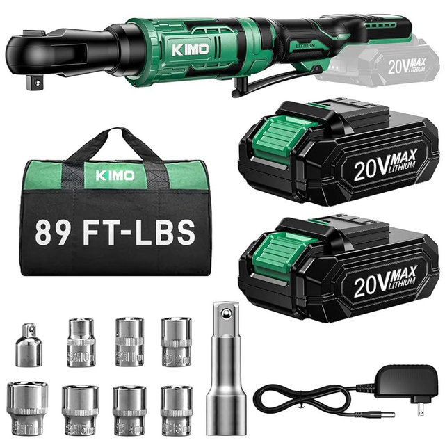 KIMO 20V Cordless Ratchet Wrench 3/8, 89Ft-lbs 400RPM Electric Ratchet Wrench Set with Variable Speed, 2x2.0Ah Battery Ratchet, LED Light, 7Socket, 3/8" to 1/4" Adapter, 3" Extension Bar, Fast Charger