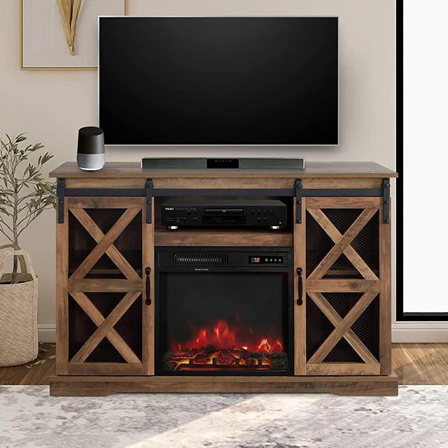 48 Inch TV Stand Console W/Sliding Barn Door for TVs up to 55", with Fireplace and Remote Control,Rustic Oak Finish