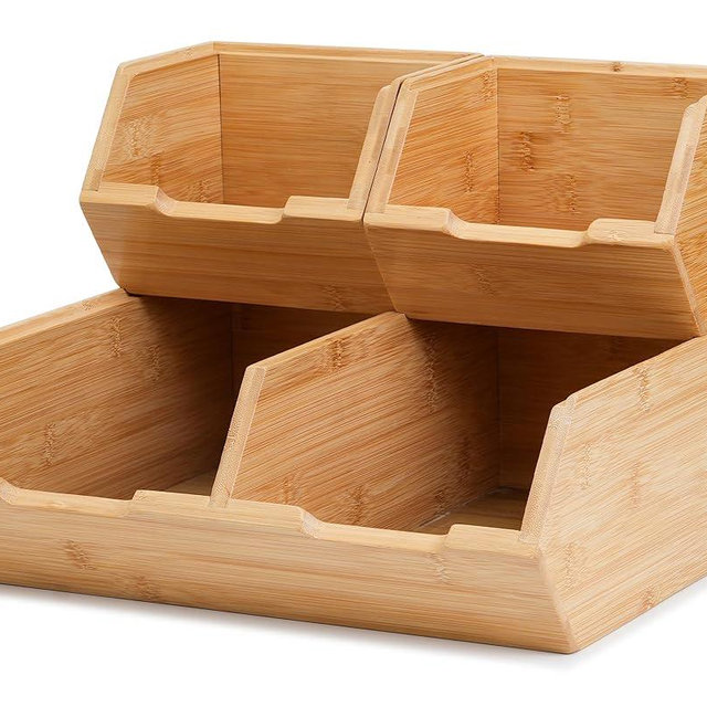 Bambition Bamboo Pantry Storage Bins, Set of 3 Pieces Stackable Potato and Onion Storage Baskets, Wood Produce Organizer for Pantry
