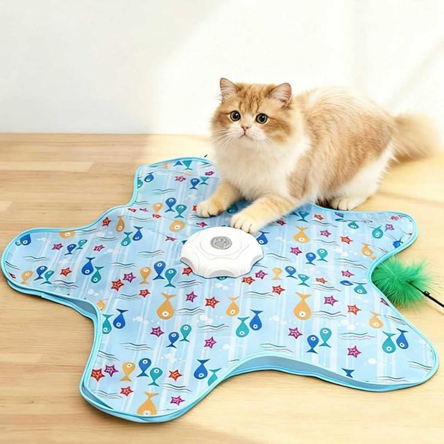 AQPU Rechargeable Automatic Cat Toy, 3-Mode Touch-Activated Interactive Toy with Random Motion, Concealed Feather & Squeaky Sound for Indoor Cats & Kittens (Blue)